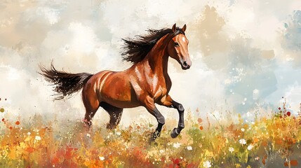 Watercolor of a pastel-colored horse galloping through a soft field of wildflowers