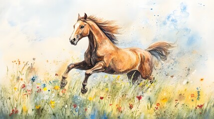 Watercolor of a pastel-colored horse galloping through a soft field of wildflowers
