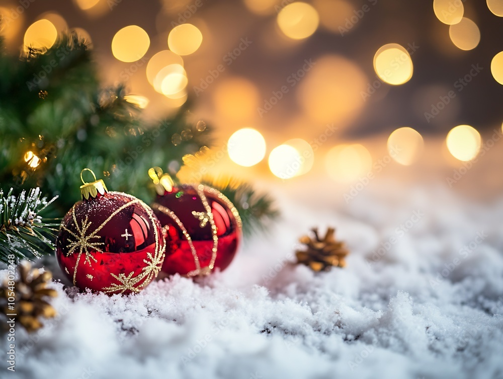Poster Christmas Ornaments with Pine Branches on Snowy Background Sparkling Lights : Generative AI