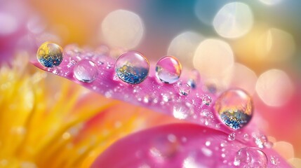 RainbowColored Water Droplets Sparkling on Pink Petal Surrounded by Bokeh Background : Generative AI