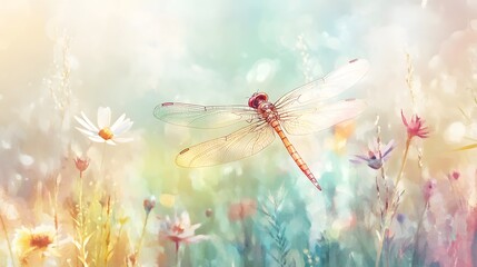 Dreamy watercolor dragonfly in pastel hues flying above a soft meadow