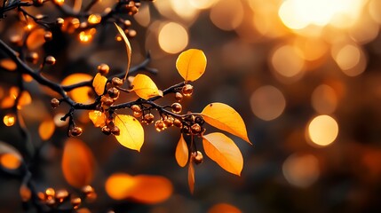 Obraz premium Golden Autumn Leaves at Sunset Creating Warm Bokeh Background : Generative AI