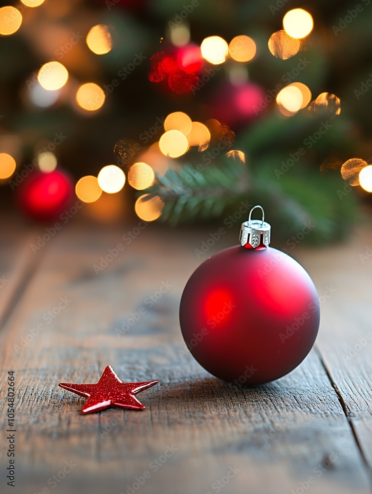 Poster elegant red christmas ornament and star on wooden table with warm festive lights bokeh : generative 