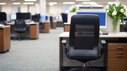 Fototapeta premium Traditional Corporate Office Interior with Cubicles Monitors and Open Workstations Setup : Generative AI