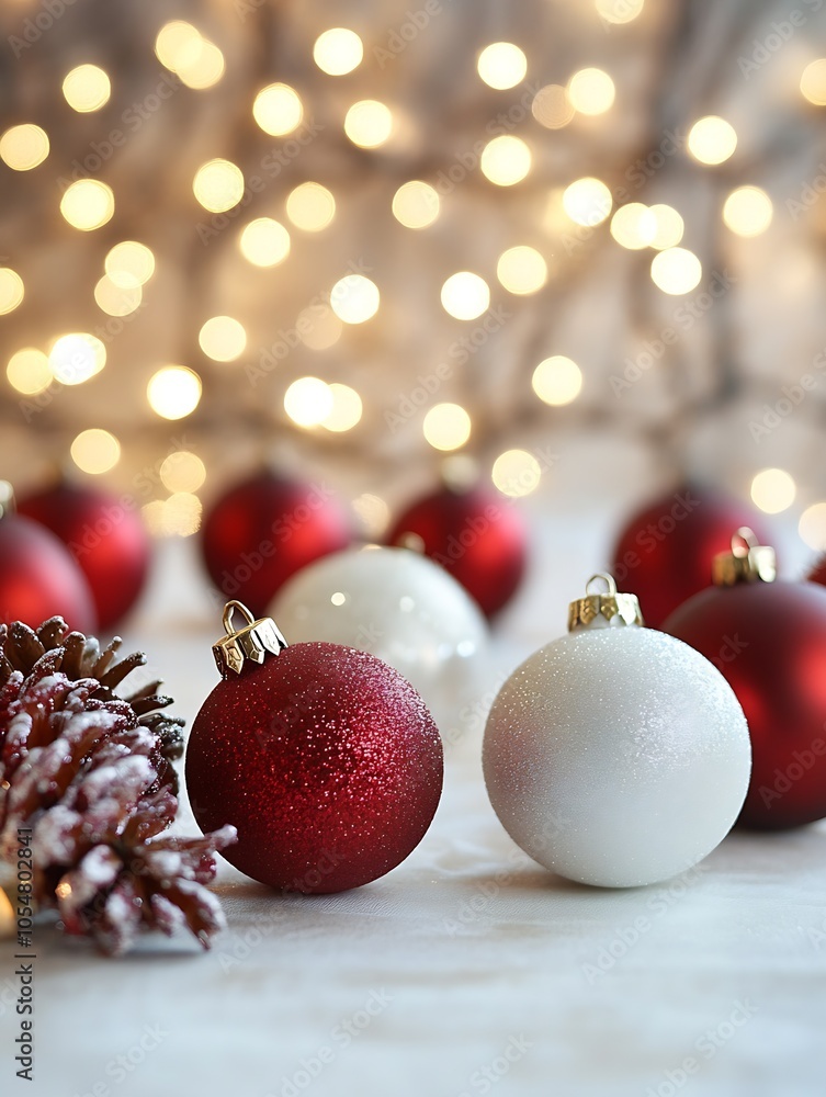 Poster elegant red and white christmas baubles with frosted pine cones and twinkling warm background lights