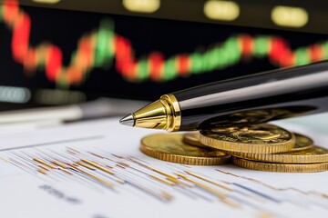 Economics concept with pen and gold coins on financial charts showcasing market trends : Generative AI