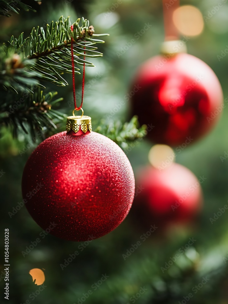 Poster red glittering christmas baubles hanging on tree branch with blurred festive background : generative