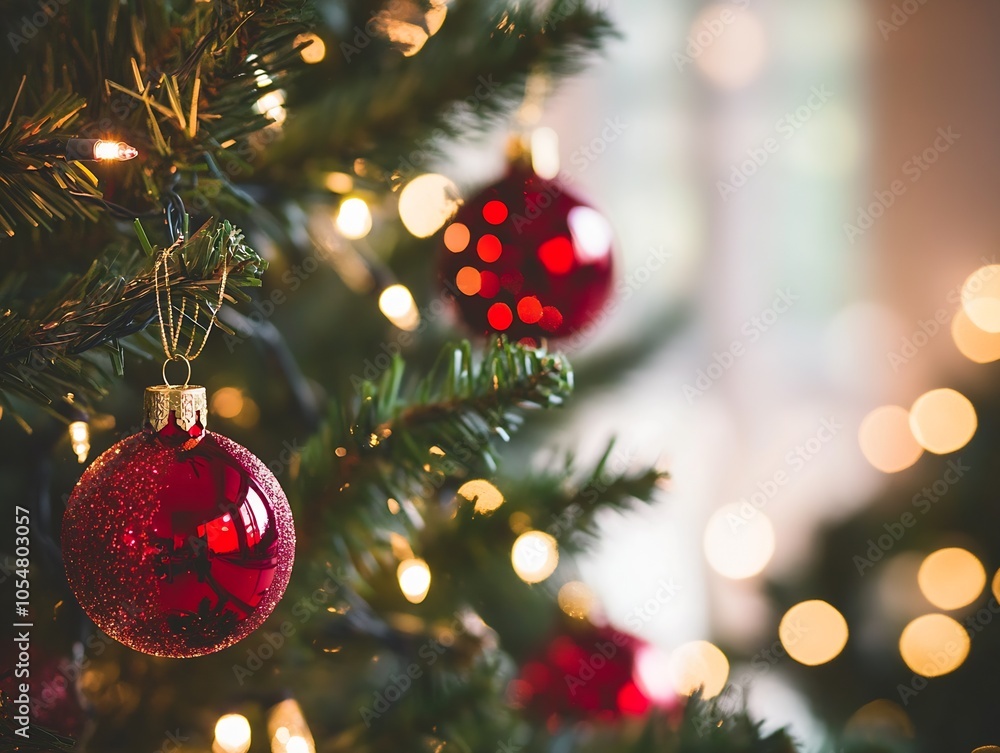 Aufkleber Closeup of Illuminated Christmas Tree with Shimmering Red Ornaments : Generative AI