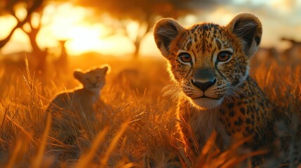 Obraz premium Two young leopards in a golden sunset savanna landscape.