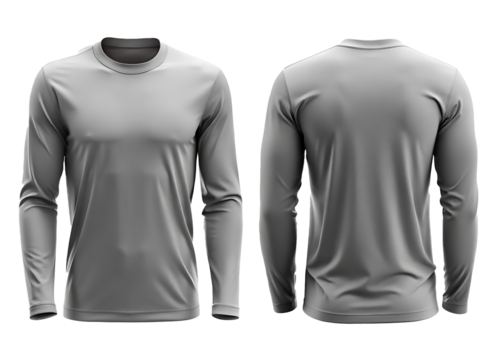 Grey color long sleeve t-shirt PNG mockup template of Front and back view isolated on transparent background