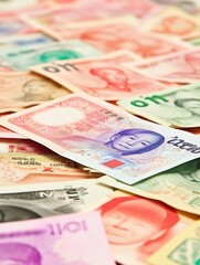 Obraz premium Collection of Colorful Global Paper Currencies Displayed Flat for Financial Concept Editorial : Generative AI