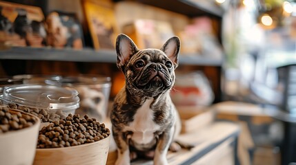 French Bulldog Sitting Among Pet Supplies and Art Books in Chic Modern Pet Boutique : Generative AI