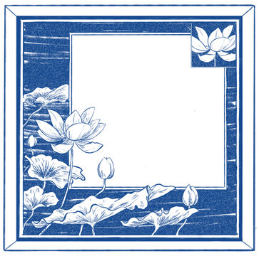 oriental chinese japanese inking lotus flower sketch frame and border illustration