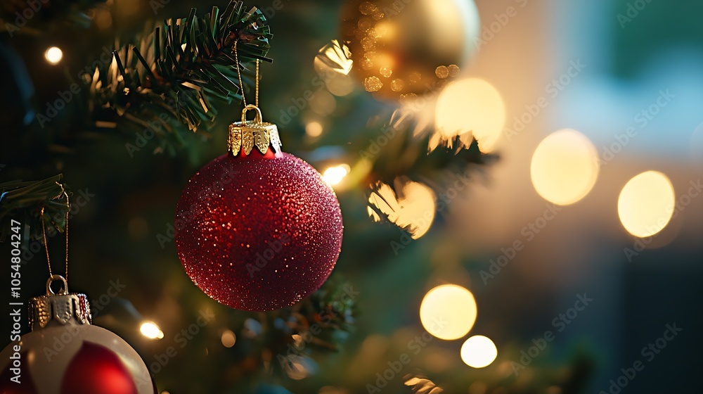 Poster festive christmas tree with red ornaments and warm glowing lights creating a cozy holiday atmosphere