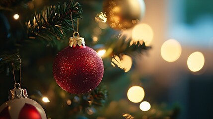 Festive Christmas Tree with Red Ornaments and Warm Glowing Lights Creating a Cozy Holiday Atmosphere : Generative AI