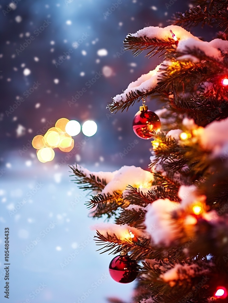 Poster magical winter wonderland with snowfall and christmas tree in twilight : generative ai