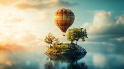 Fototapeta premium Hot Air Balloon Floating Over Island With Trees In Dreamlike Setting : Generative AI