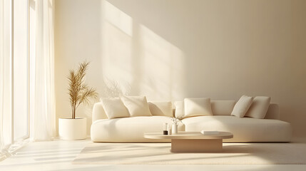 Minimalist living room with modern neutral sofa and soft decor, perfect for video call backgrounds