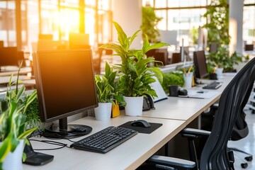 Fototapeta premium Bright and Lush Open Office Space with Sunlight Streaming and EcoFriendly Desk Plants : Generative AI