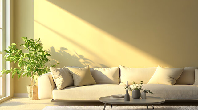 Neutral-toned sofa in a modern minimalist living room setup, providing a professional and stylish Zoom background