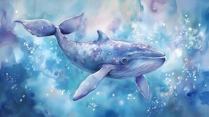 Soft pastel-colored watercolor baby whale swimming in a dreamy ocean scene