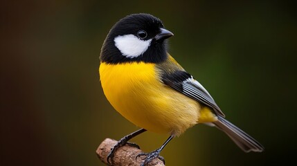 A yellow and black bird perched on a branch, with a blurry green background.
