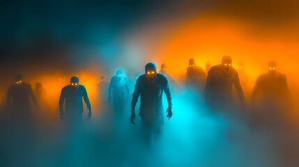 Fototapeta premium A horde of zombies with glowing eyes advancing through fog, illuminated by an eerie orange and blue light, ideal for halloween-themed horror art. Zombie Horde. Illustration