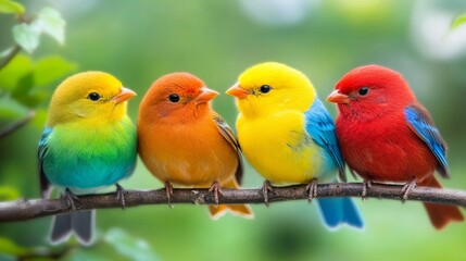 Obraz premium Four colorful birds perch on a branch, showcasing vibrant hues of blue, green, yellow, orange, and red.