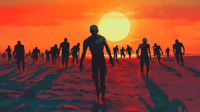 A horrifying hordes of zombies march across the sandy beach at sunset. Zombie Horde. Illustration