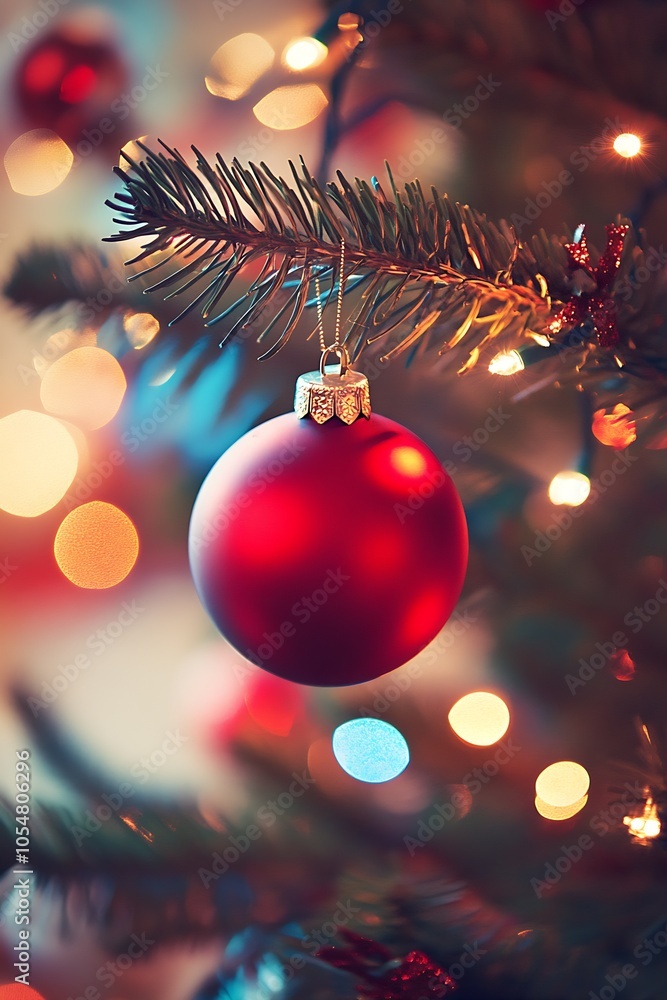 Aufkleber Vibrant Red Christmas Ornament on Tree with Colorful Festive Lights in Background : Generative AI