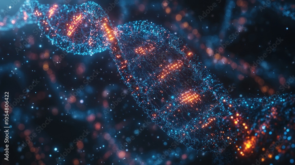 Poster abstract representation of dna structure with glowing particles.