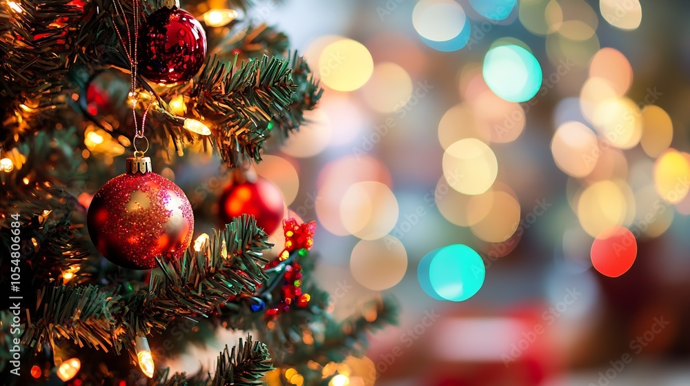 Aufkleber Festive Christmas Tree with Colorful Bokeh Lights and Red Ornaments : Generative AI