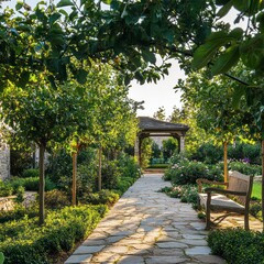 Garden with espaliered fruit trees