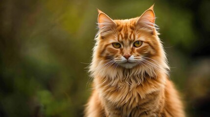 Fototapeta premium Majestic LongHaired Orange Cat Posing with a Natural Green Backdrop : Generative AI