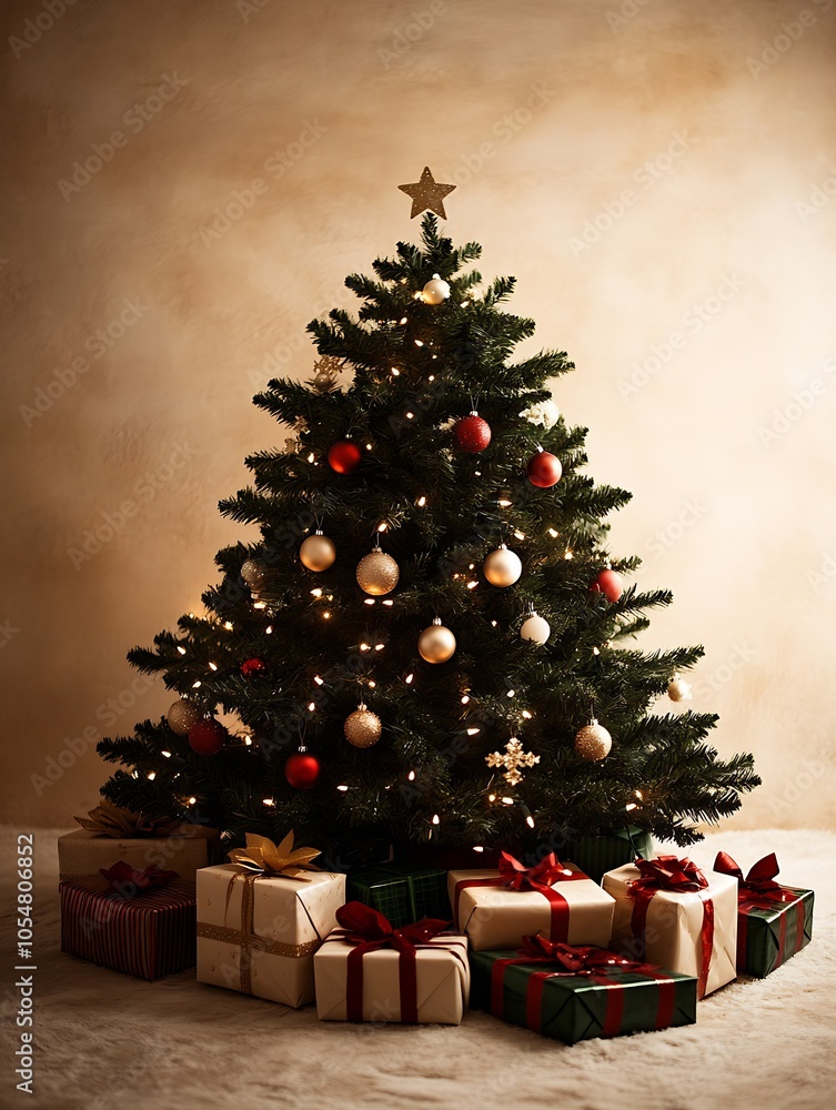 Poster elegant christmas tree with wrapped gifts and red and gold ornaments against a warm background : gen