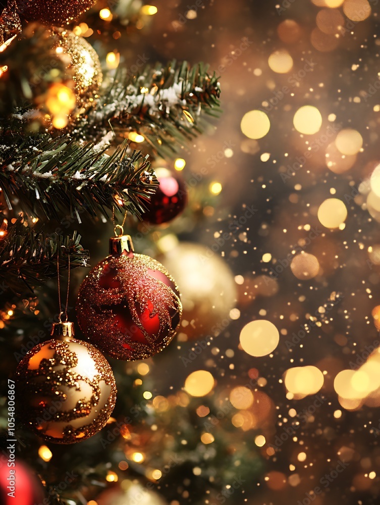Poster christmas tree with shimmering ornaments and golden bokeh in a magical setting : generative ai