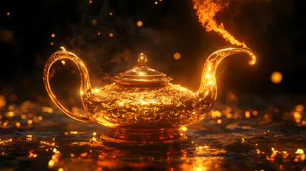 3d golden magic lamp fantasy illustration. Djinn in a Lamp. Illustration