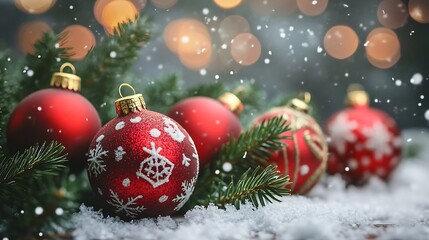 Festive winter arrangement with vibrant red Christmas ornaments nestled in lush green pine branches : Generative AI