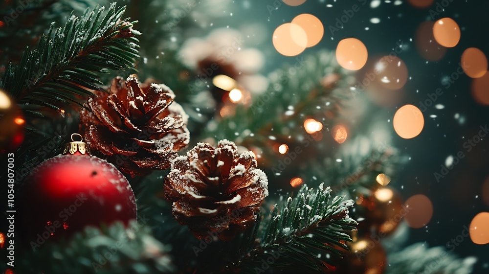 Aufkleber Festive Pine Tree Branch with Snow Frosted Pinecones and Sparkling Holiday Lights : Generative AI