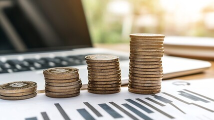 Stacked coins beside laptop and charts symbolizing financial analysis and business strategy : Generative AI