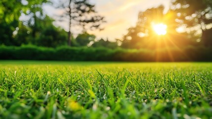 Sunlit Green Grass Field with Trees and a Bright Sunny Sky : Generative AI