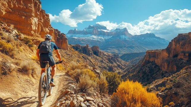 Young man cycling along a scenic trail with mountains in the background on a sunny day