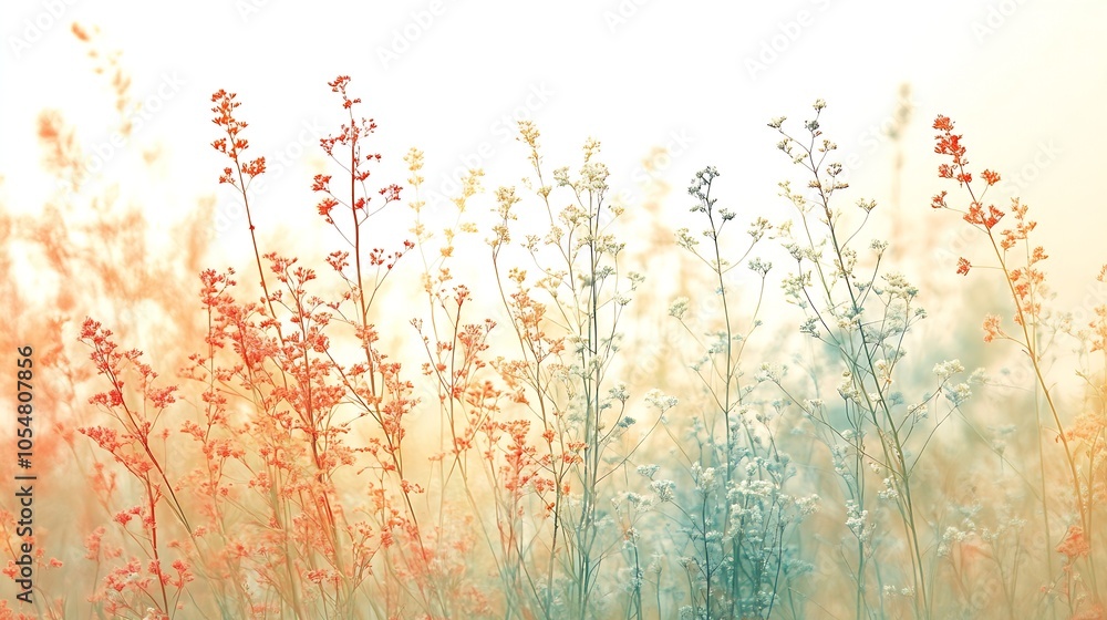 Poster serene pastel wildflowers in a tranquil meadow captured at dawn with soft light and gentle scripted 