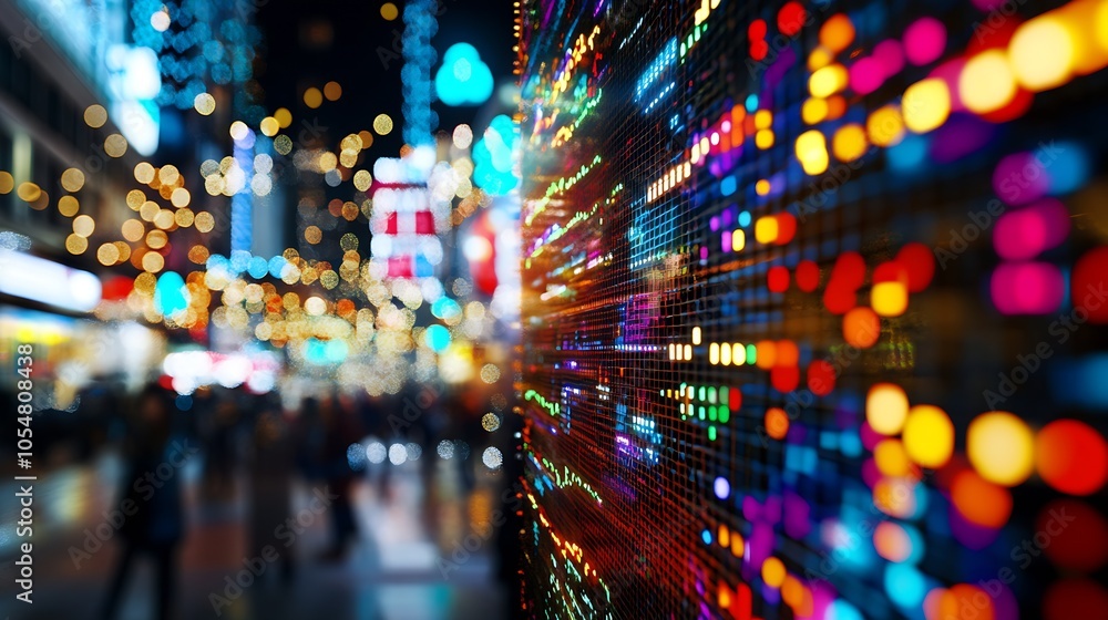 Poster abstract colorful light display in urban night scene with bokeh and bright lights : generative ai