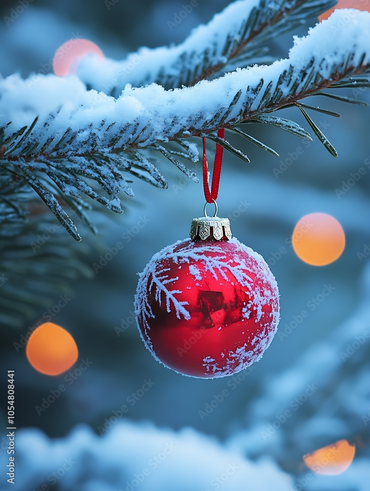 Poster vibrant red christmas ornament on snowy tree branch with bokeh lights : generative ai