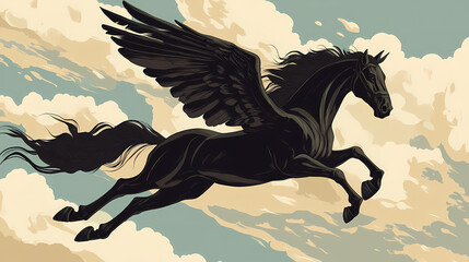 Obraz premium A black pegasus, a mythological animal, a horse with wings, gallops against the sky, generative ai. Pegasus Rider. Illustration