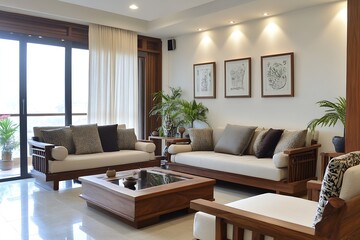 Fototapeta premium Modern Living Room with EarthToned Decor and Open Balcony for a Natural and Relaxing Vibe : Generative AI