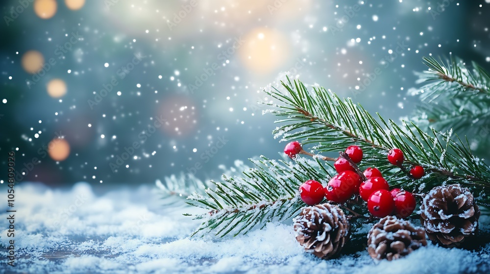 Poster wintery snow scene with pine cones red berries and fir branches : generative ai