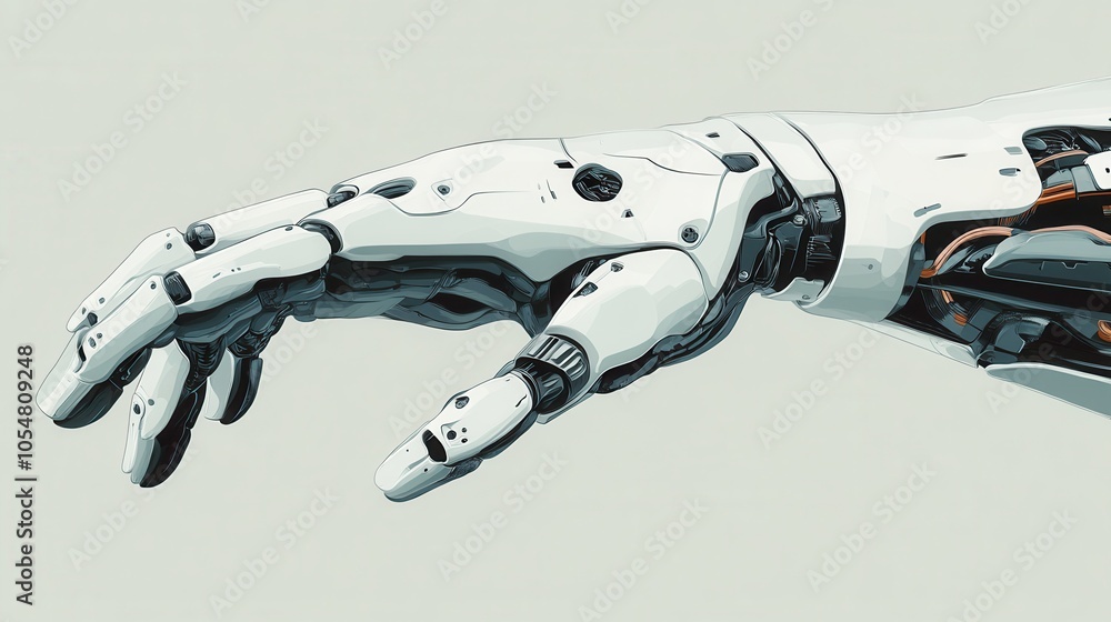 Poster artificial intelligence in robotics, showing a robotic hand design, medical context, flat vector
