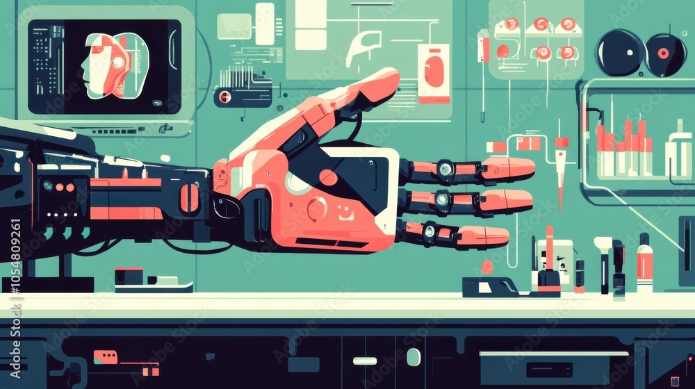 Aufkleber artificial intelligence in robotics, showing a robotic hand design, medical context, flat vector